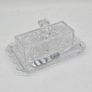 Vintage Fifth Avenue Crystal Portico Butter Covered Dish Crystal Handle Knives